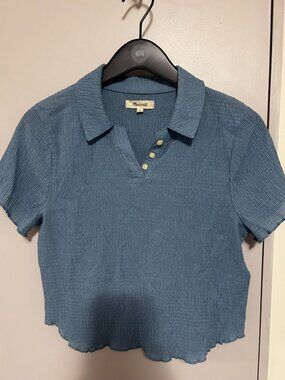 Madewell Blue Smocked Polo Top Short Sleeve Button Placket Women's M